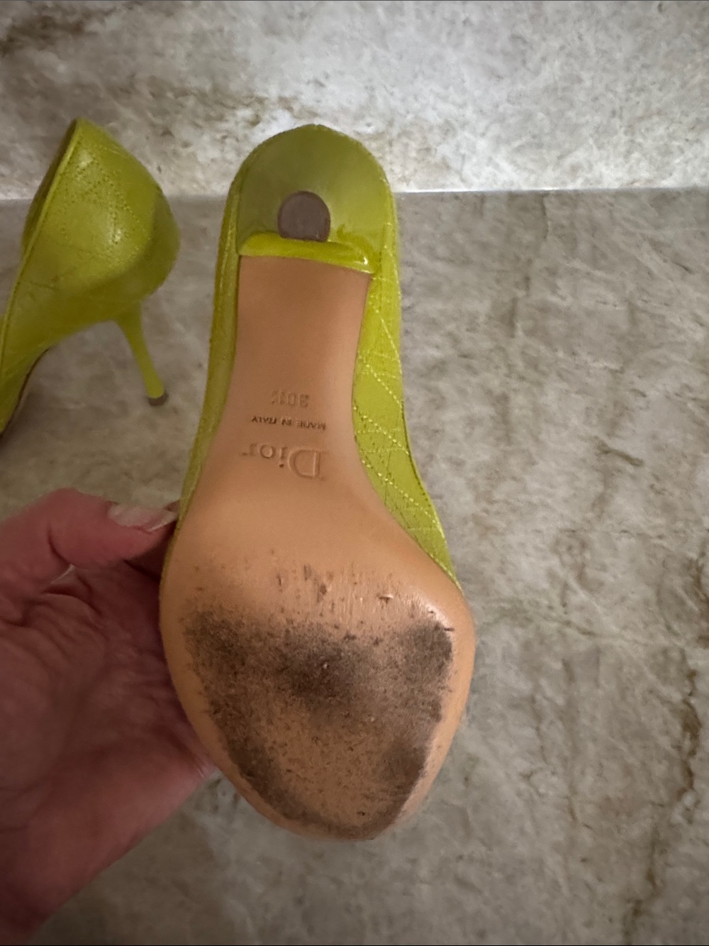 Dior Lime Green Quilted Peep-Toe Leather Pumps - Picture 5 of 10